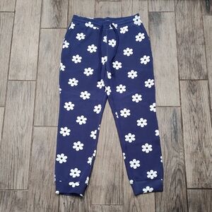 LuLaRoe Boyfriend Joggers Blue with White Floral Design Size Small